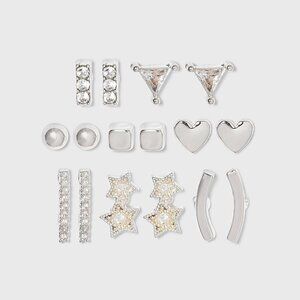 NEW A New Day™ Silver Crystal Star and Heart Stud Earring Set 8pc